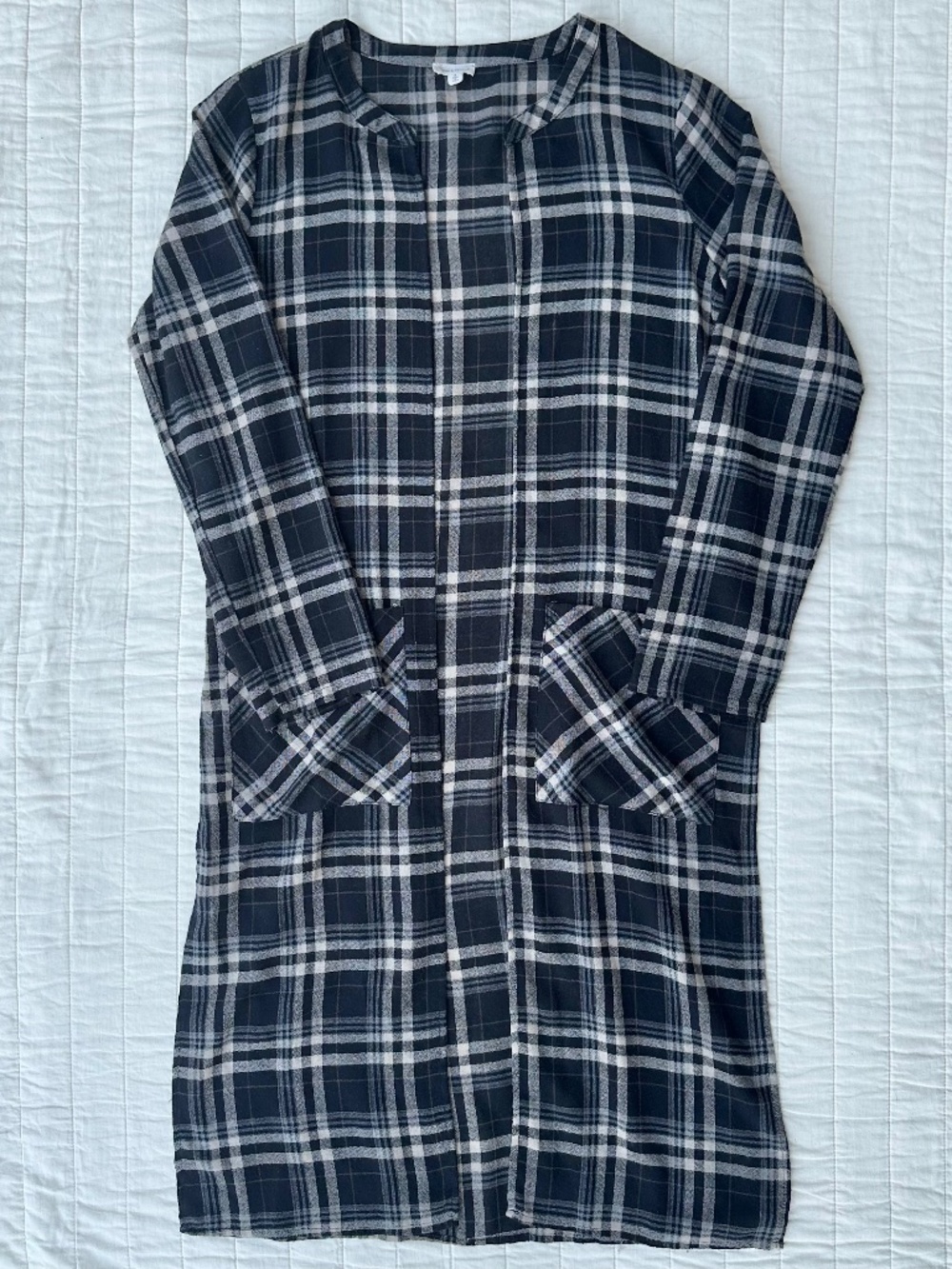 Hem & Thread Plaid Long Kimono | Black & Cream | Size Small | 100% Cotton
